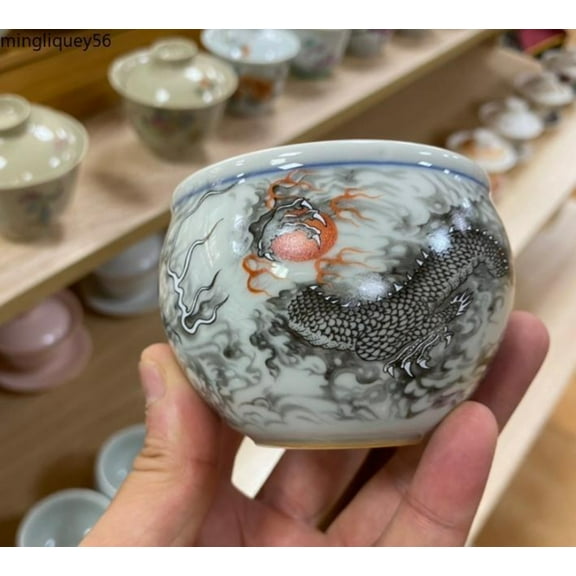 China Jingdezhen Blue and White Belt Color Porcelain 110ml Dragon Grain Cup -