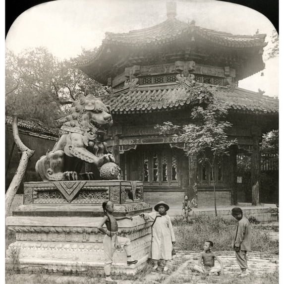 China Lama Temple 1901. Nbronze Lion In The Courtyard Of The Lama Temple At Peking China. Stereograph 1901.