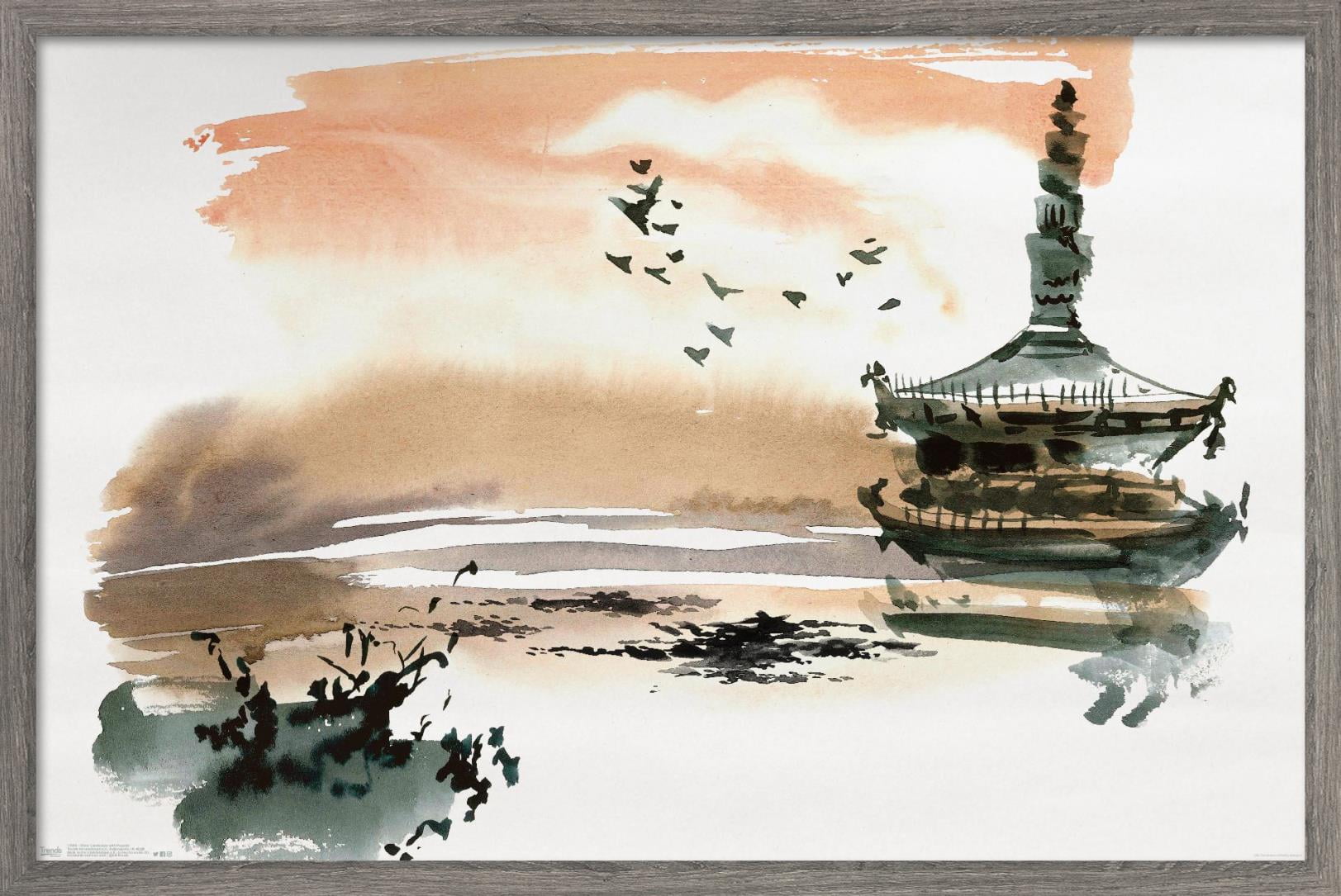 China Landscape with Pagoda Wall Poster, 14.725" x 22.375", Framed