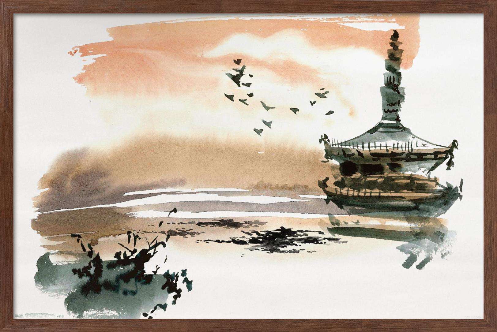 China Landscape with Pagoda Wall Poster, 14.725" x 22.375", Framed