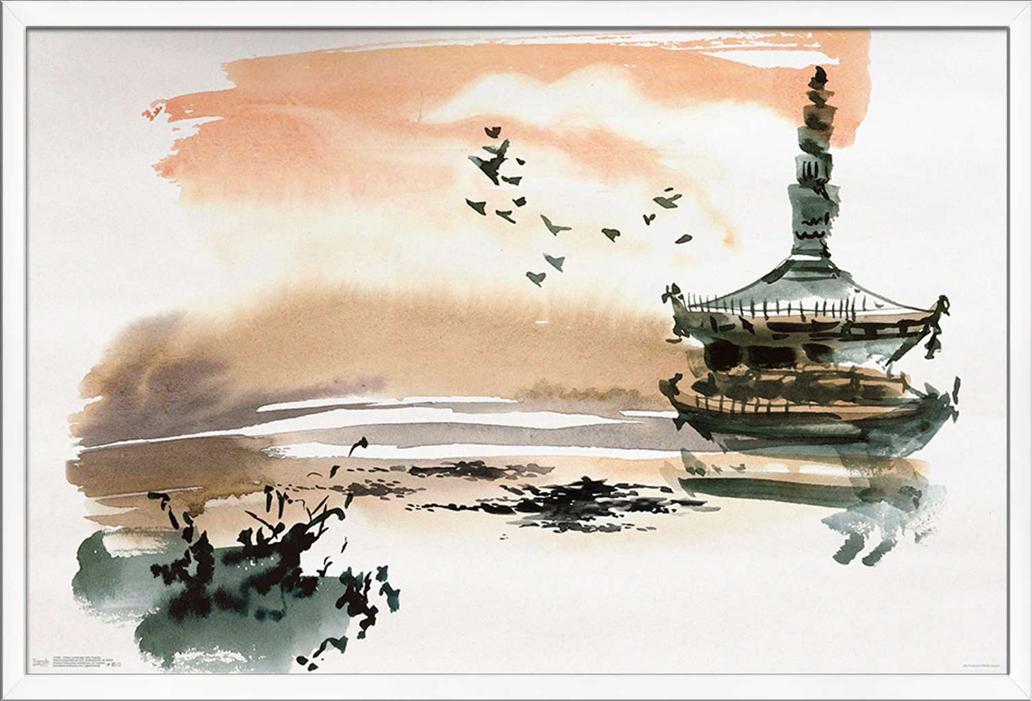 China Landscape with Pagoda Wall Poster, 22.375" x 34", Framed