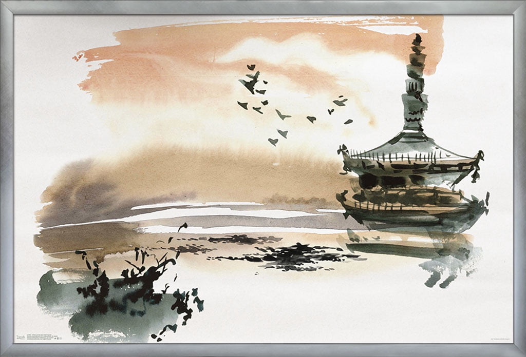 China Landscape with Pagoda Wall Poster, 22.375" x 34", Framed