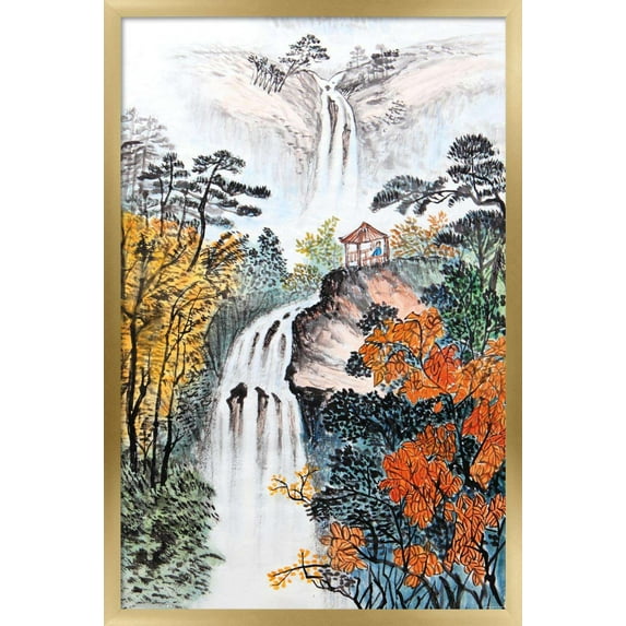 China Landscape with Waterfalls Wall Poster, 14.725" x 22.375", Framed
