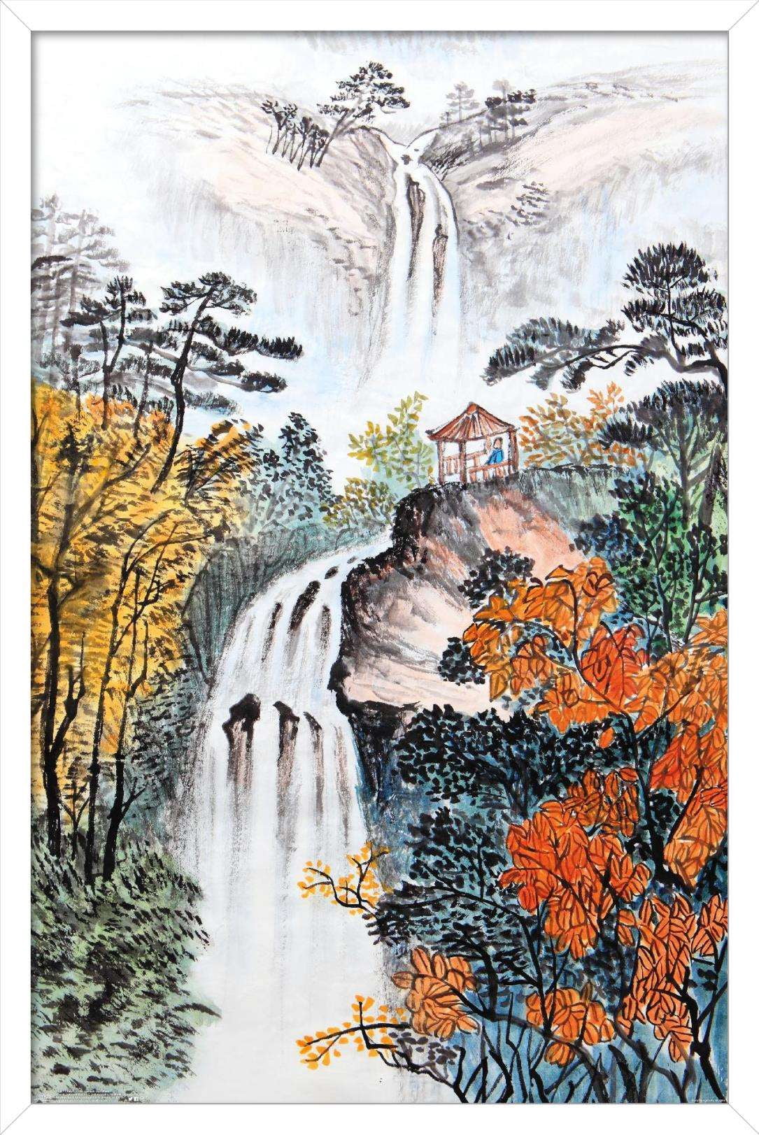 China Landscape with Waterfalls Wall Poster, 14.725" x 22.375", Framed