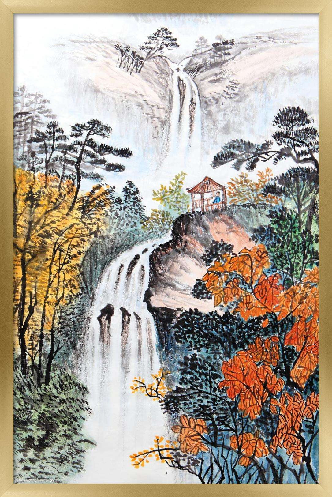 China Landscape with Waterfalls Wall Poster, 22.375" x 34", Framed