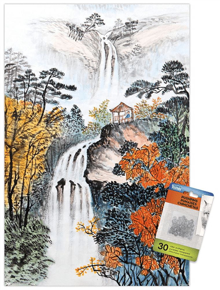 China Landscape with Waterfalls Wall Poster with Push Pins, 14.725" x 22.375"