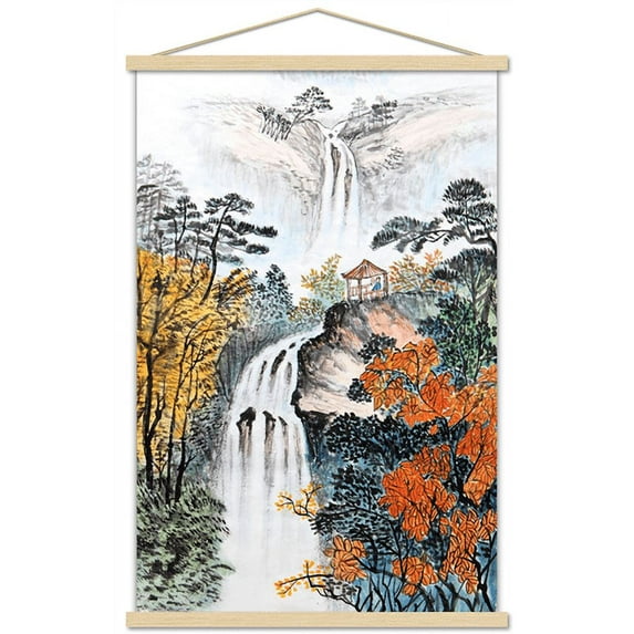 China Landscape with Waterfalls Wall Poster with Wooden Magnetic Frame, 22.375" x 34"
