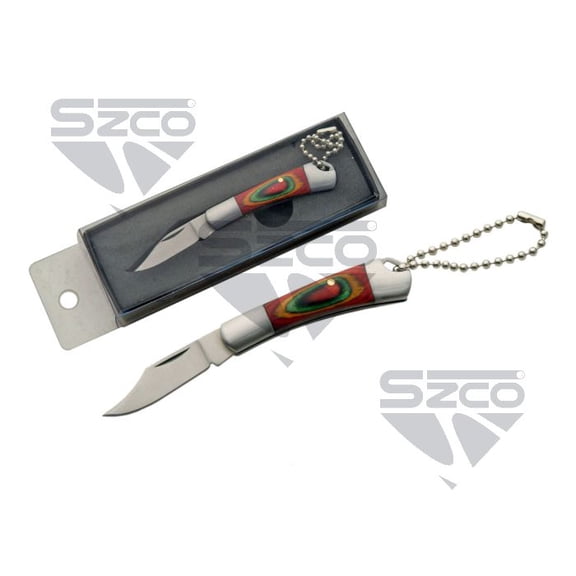 SZCO 2.5" Drop Point Keychain Knife with Colorwood Handle, Compact Folding Blade & Keyring  Clamshell Pack