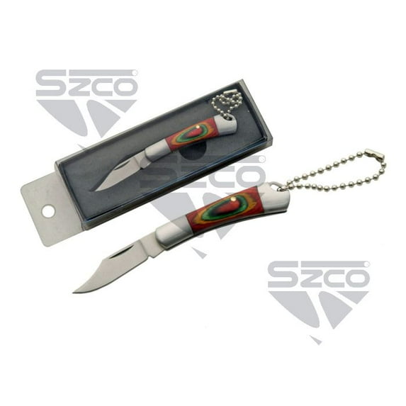 SZCO 2.5" Drop Point Keychain Knife with Colorwood Handle, Compact Folding Blade & Keyring – Clamshell Pack