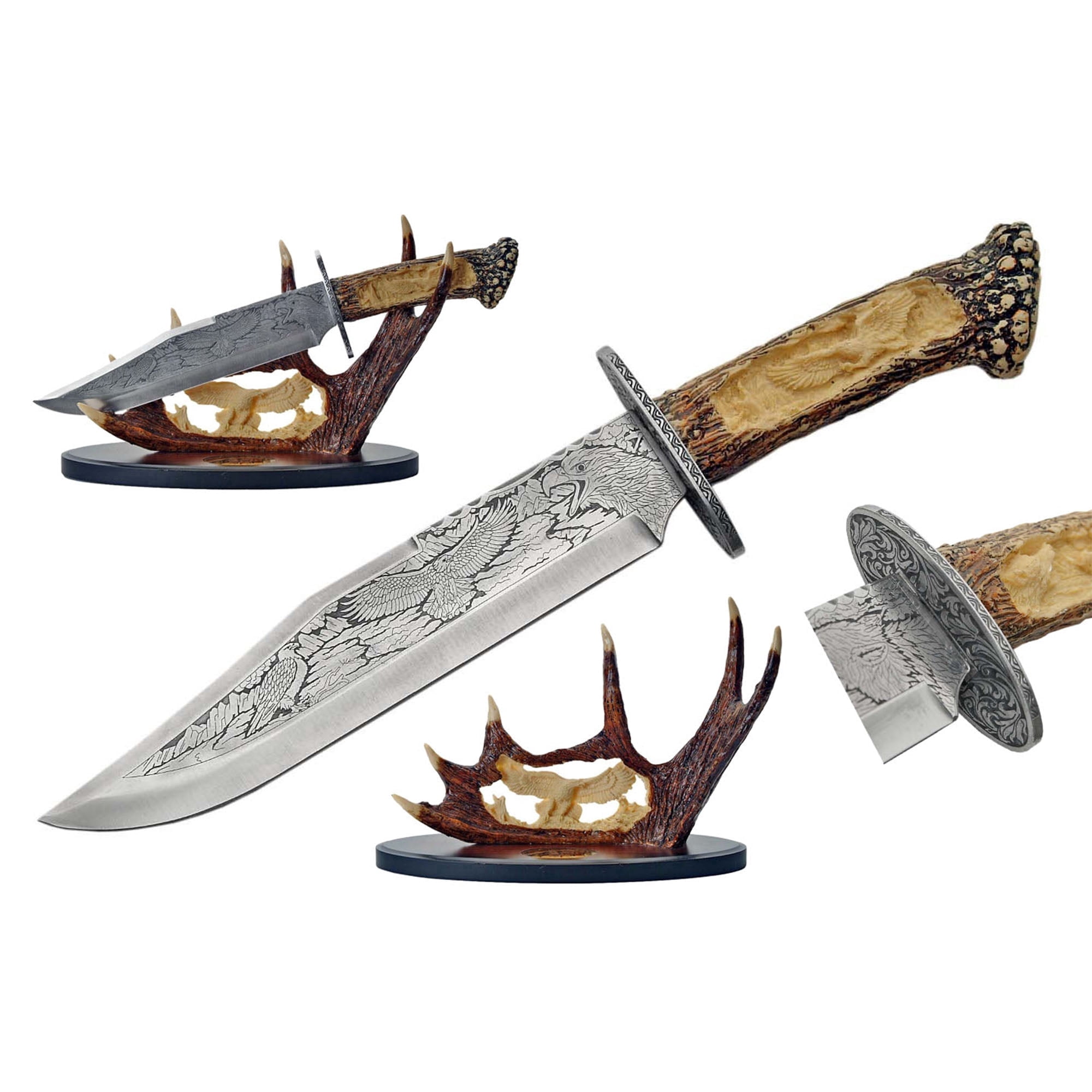 SZCO 15.25" Collector Knife, 9.25" Etched Stainless Steel Blade with Resin Display Stand, Decorative Stag Type Handle for Home and Office Decor