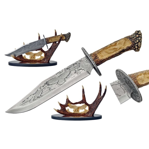 SZCO 15.25" Collector Knife, 9.25" Etched Stainless Steel Blade with Resin Display Stand, Decorative Stag Type Handle for Home and Office Decor