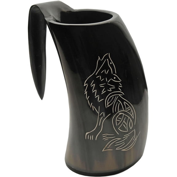 SZCO 6–7" Howling Fenrir Tankard Buffalo Horn Mug, Engraved Wolf Design with Horn Base, 600–800ML Medieval Drinking Cup