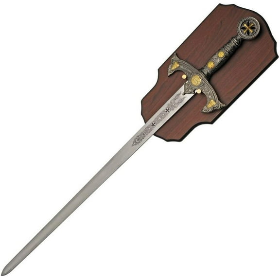 SZCO 47.25" Knights Sword with Engraved Blade, Metal Handle and Wood Wall Display Plaque