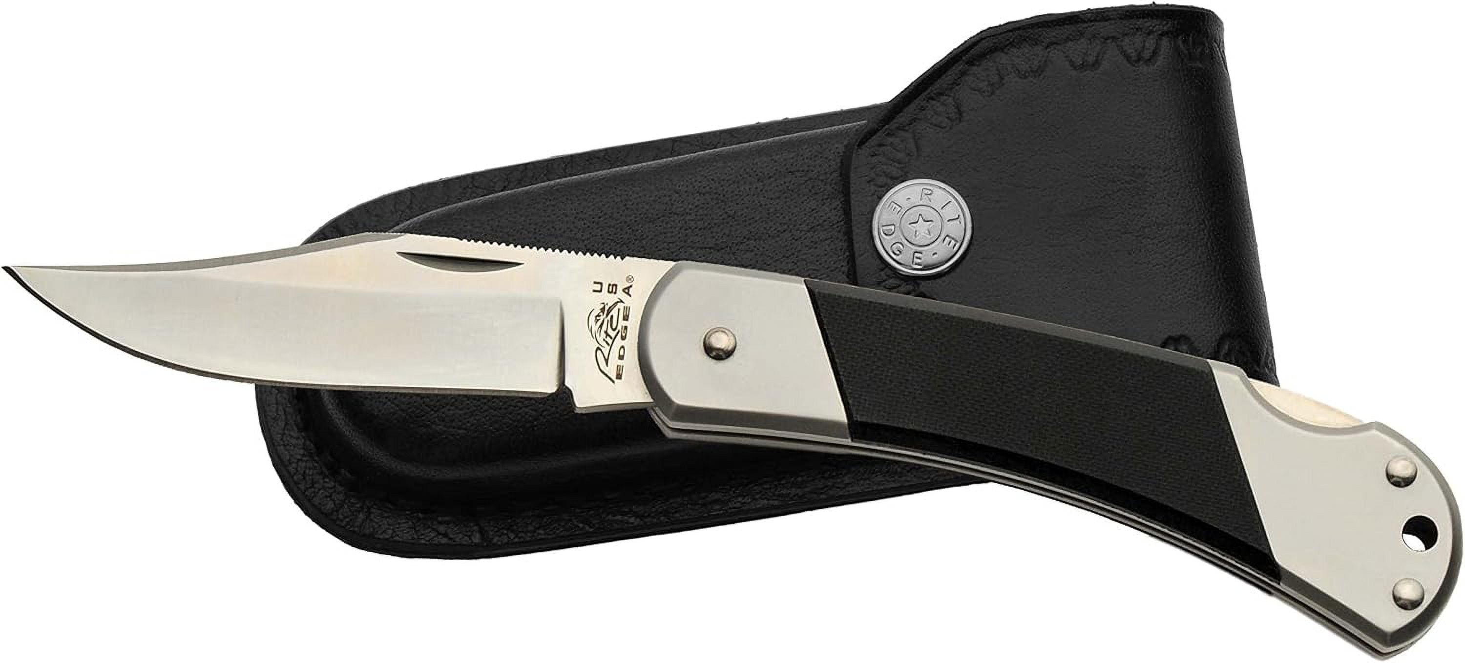 SZCO 8.5" Black G10 Handle Lock Back Folding Knife – 440 Stainless Steel Blade, Leather Sheath – Folding Utility Pocket Knife for Everyday Carry