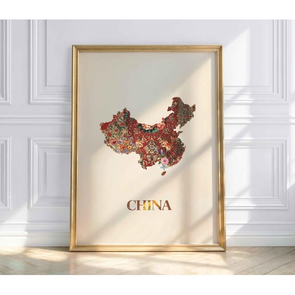 China Map Floral Map Of China Botanical Asia Travel China Country Map Decorative Wall Art Poster , Poster Print Only