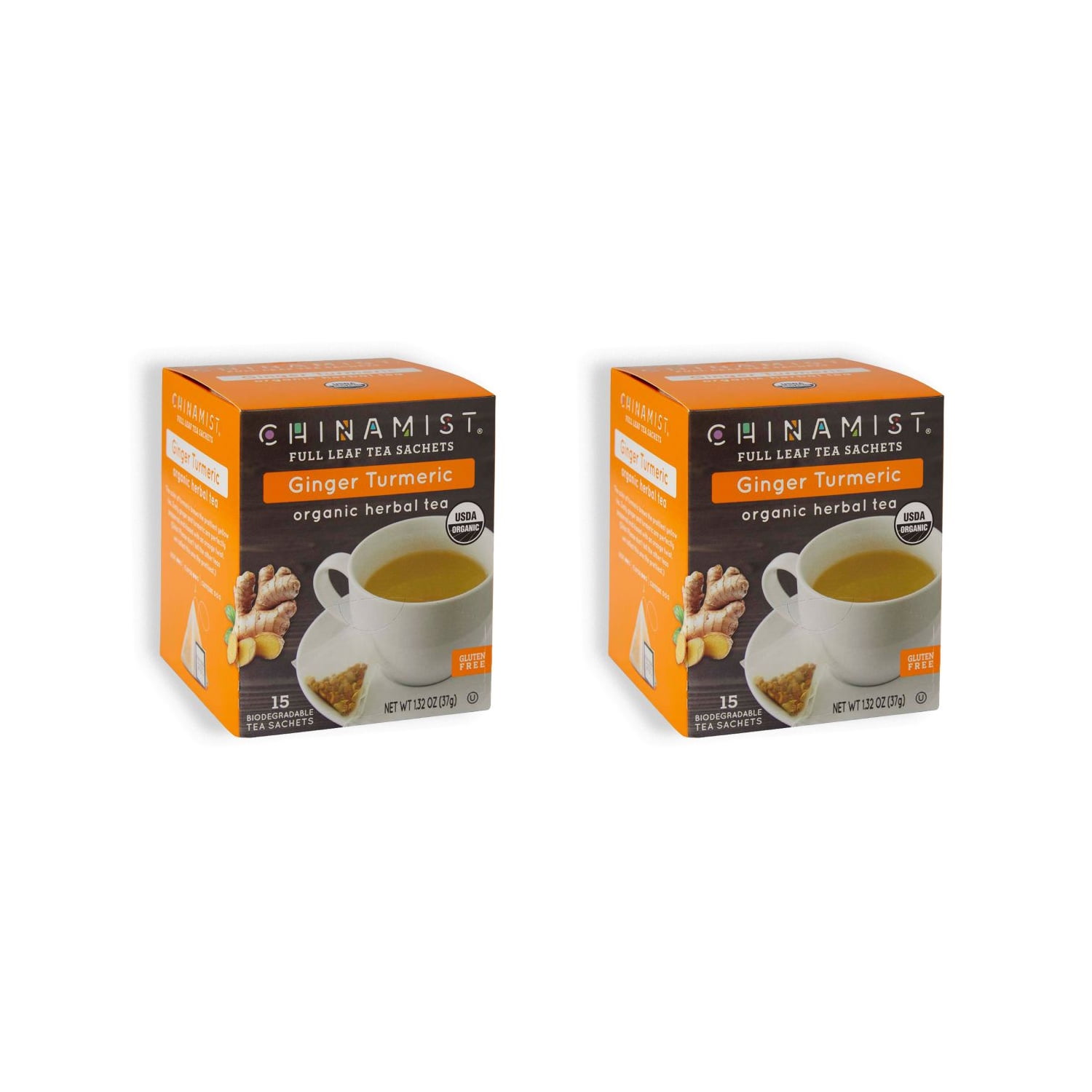 China Mist Full Leaf Tea Sachets, Ginger Turmeric Organic Herbal Tea, 2 boxes (15 count each)