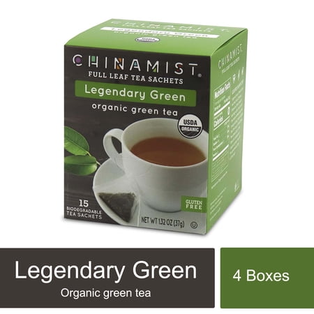 China Mist - Legendary Green Organic Full Leaf Tea Sachet, 4 Boxes 15 Count - Biodegradable and Individually Wrapped