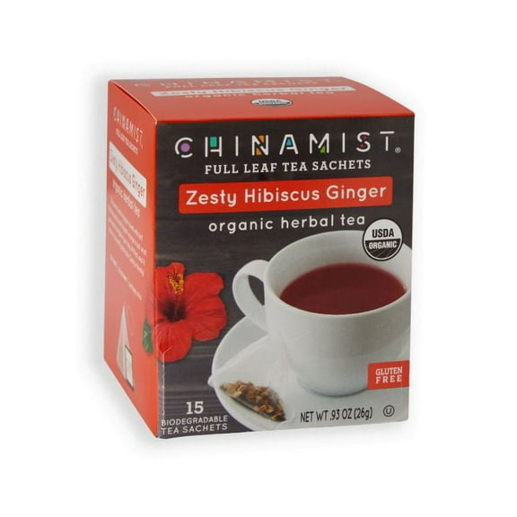 China Mist Organic Zesty Hibiscus Ginger Herbal Tea Sachets , 15 count box