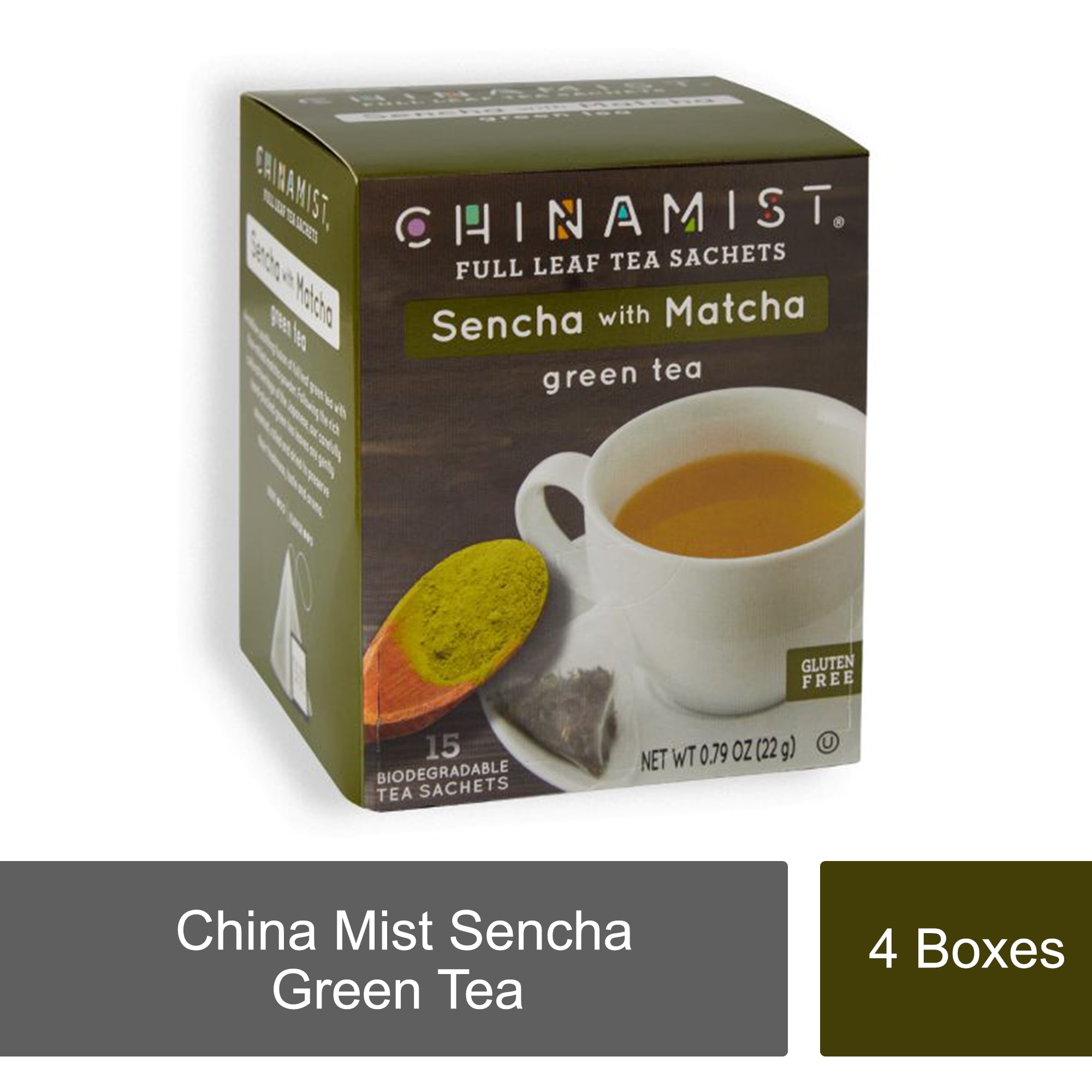 China Mist Sencha With Matcha Green Tea Sachets 4/15 Count, Biodegradable and Individually Wrapped