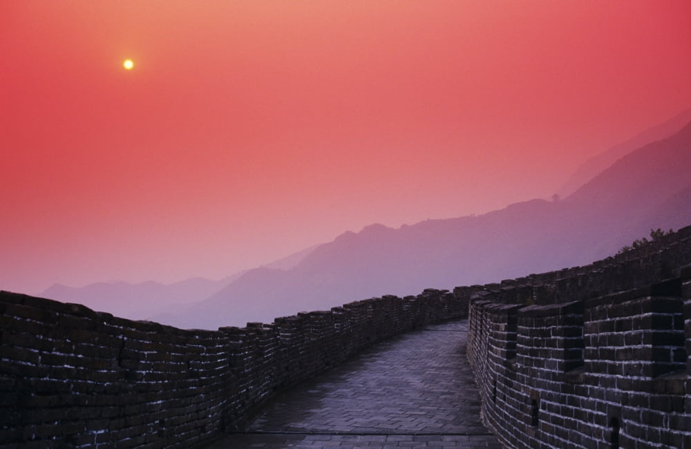 China Mu Tian Yu The Great Wall Of China Bright Red Sky And Distant Moon Canvas Art - Richard Maschmeyer Design Pics (34 x 22)