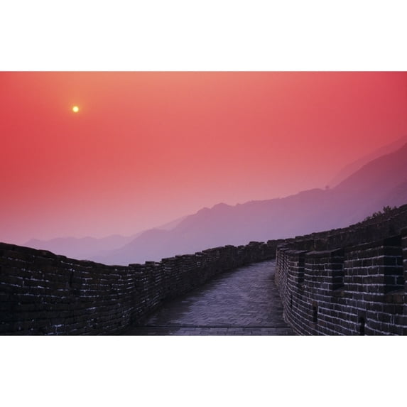 China, Mu Tian Yu, The Great Wall Of China, Bright Red Sky And Distant Moon Poster Print (34 x 22)