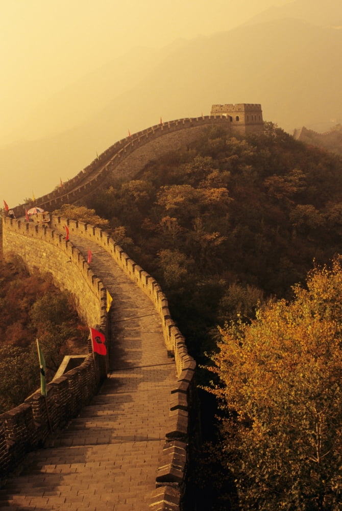 China Mu Tian Yu The Great Wall With Misty Yellow Sky Flags Along Wall Canvas Art - Richard Maschmeyer Design Pics (11 x 17)