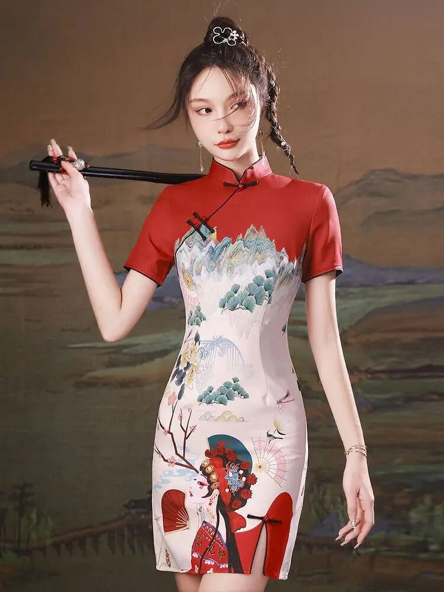 Fashion Chinese Style Red Dress Modern Cheongsam Chinese Style
