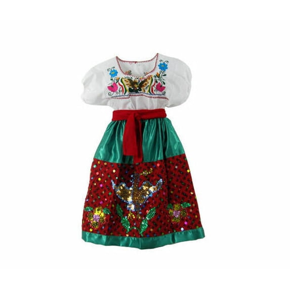 China Poblana Girls Folklorico Tri-Color Dress Set W/Eagle Sequin NWOT Small Skirt Length 24"