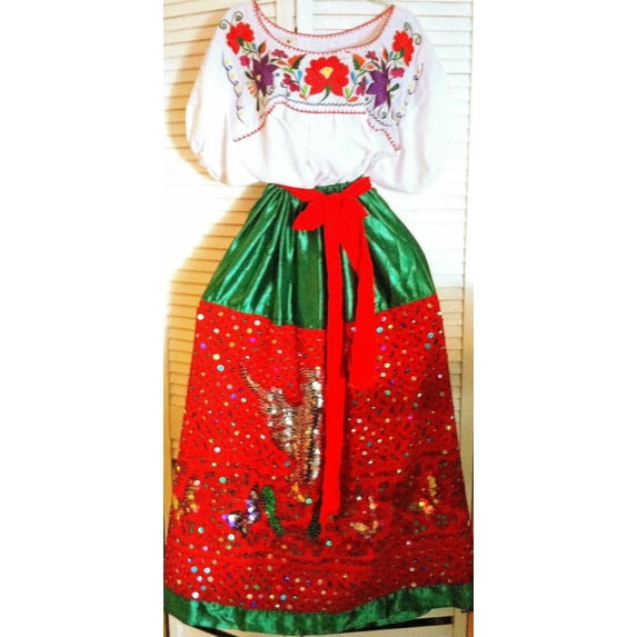 China Poblana Womens Folklorico Tri-Color Dress Set W/Eagle Sequin NWOT X-Large Skirt Length 34"