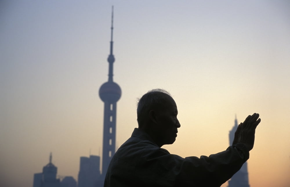China Shanghai Man Doing Tai Chi At Dawn Pudong Canvas Art - Martin Stolworthy Design Pics (19 x 12)