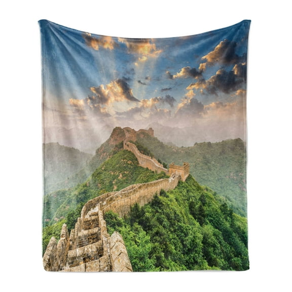 China Soft Flannel Fleece Throw Blanket, Oriental Medieval Blockade on High Lands Old Wonders the Past Picture, Cozy Plush for Indoor and Outdoor Use, 50" x 70", Blue Green, by Ambesonne