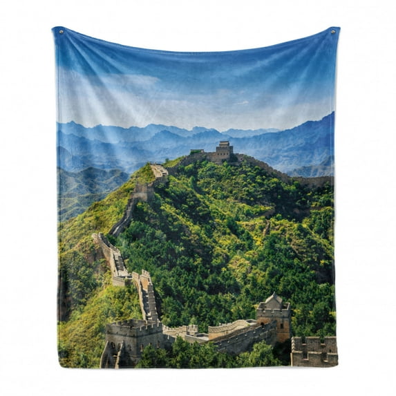 China Soft Flannel Fleece Throw Blanket, Wall of China in a Summer Day Jinshanling Section near Beijing Photo, Cozy Plush for Indoor and Outdoor Use, 50" x 60", Green Beige and Blue, by Ambesonne