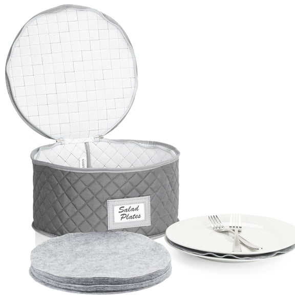 China Storage Case - Salad Plate Quilted Case - 10" W x 6" H - Gray - Includes 12 Felt Separators - Stackable With Padded Interior