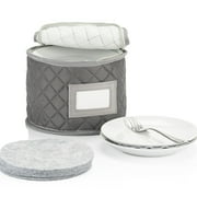 STOZU China Storage Case - Saucer or Small Plate Quilted Case - 7 inches diameter x 6 inches height - Gray - Includes 12 Felt Separators