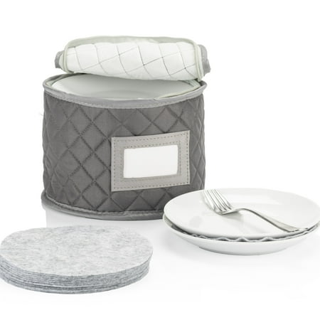 China Storage Case - Saucer or Small Plate Quilted Case - 7 inches diameter x 6 inches height - Gray - Includes 12 Felt Separators
