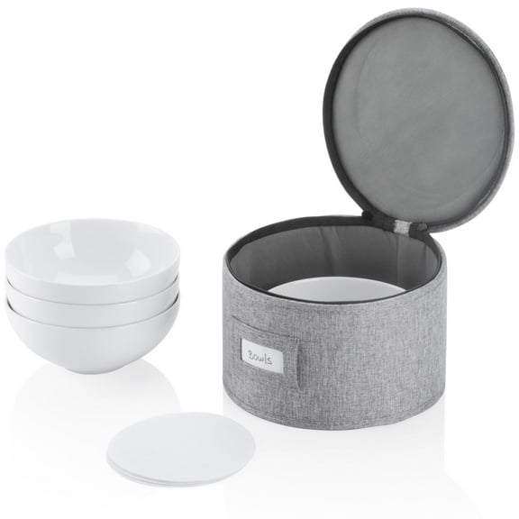 China Storage Case for Bowls or Dessert Plates - 8.5" W x 6" H - Includes 12 Felt Dividers - Hard Shell and Stackable with Fully Padded Interior