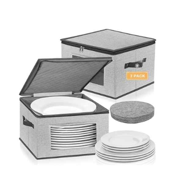 China Storage Containers, 12 Inch Dinner Plate Dish Storage Containers, Hard Shell Quilted Dinnerware Storage Box Case with Lids and Felt Protectors for Dishes Plates Storage and Moving (Light Grey)