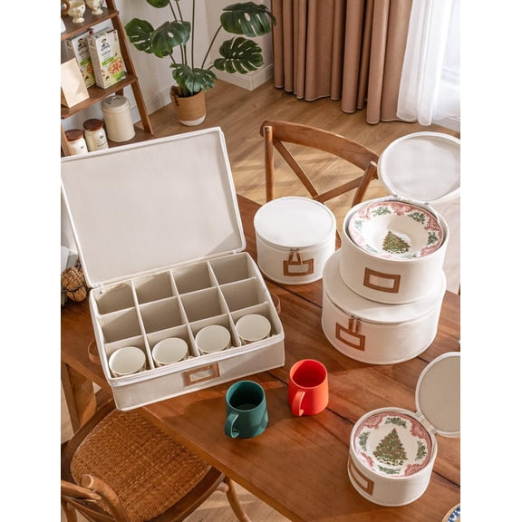 China Storage Containers, 5-Pack Beige Hard Shell Dish Storage Boxes with 12 Place Setting Capacity
