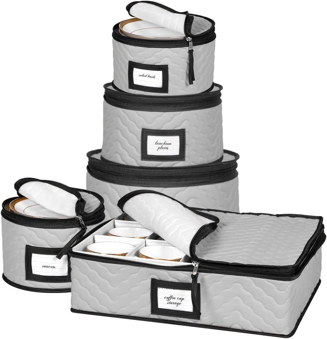 China Storage Containers 5-Piece Set Moving Boxes for Dinnerware, Glasses, Plates, Mugs and Saucers Sturdy Quilted Microfiber Dish Organizer with Dividers for Seasonal Storage - Holds Set of 12