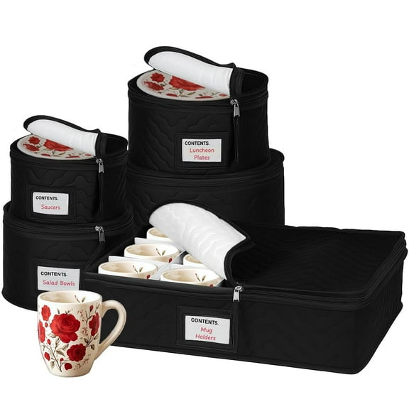 China Storage Containers 5-Piece Set Moving Boxes for Dinnerware, Glasses, Plates, Mugs and Saucers Sturdy Quilted Microfiber Dish Organizer with Dividers for Seasonal Storage - Holds Set of 12
