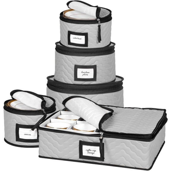 China Storage Containers 5-Piece Set Moving Boxes for Dinnerware, Glasses, Plates, Mugs and Saucers Sturdy Quilted Microfiber Dish Organizer with Dividers for Seasonal Storage - Holds Set of 12