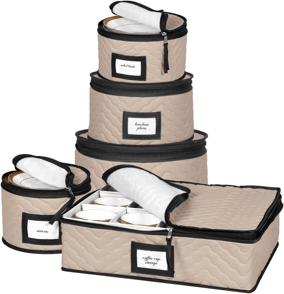China Storage Containers 5-Piece Set Moving Boxes for Dinnerware, Glasses, Plates, Mugs and Saucers Sturdy Quilted Microfiber Dish Organizer with Dividers for Seasonal Storage - Holds Set of 12