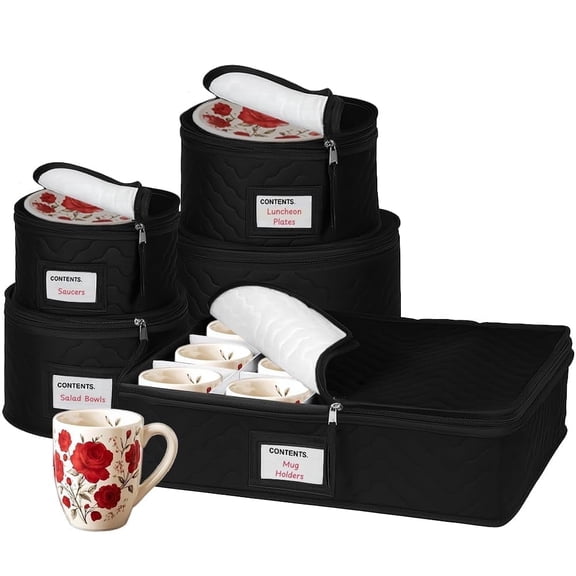 China Storage Containers 5-Piece Set Moving Boxes for Dinnerware, Glasses, Plates, Mugs and Saucers Sturdy Quilted Microfiber Dish Organizer with Dividers for Seasonal Storage - Holds Set of 12
