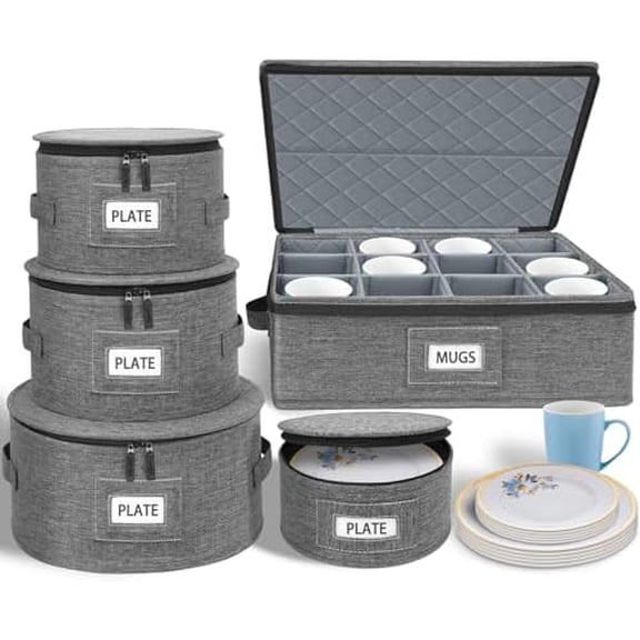 China Storage Containers 5-Piece Set w/Hard Shell Sides & Bottom, Quilted Stackable Plate & Dish Storage Protectors, Adjustable Mug and Cup Storage Organizer for Moving and Dinnerware storage