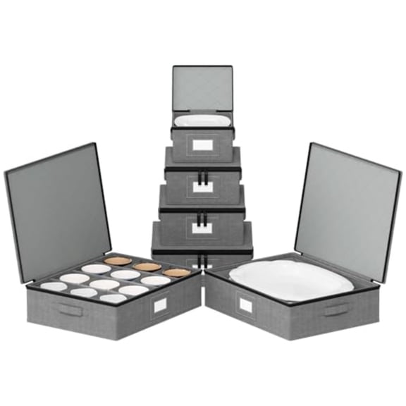 China Storage Containers 6 Pack Stackable Hard Shell Quilted Cases with Soft Plate Separators Moving Supplies Packing Boxes for Dishes Plates Platters Mugs Cups Grey