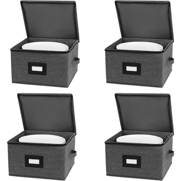 China Storage Containers Hard Shell, 12" Plate Storage Containers for Dishes, Stackable Dinnerware Storage with 48 Felt Dividers (4 Pack Black)