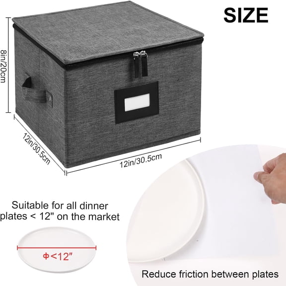 China Storage Containers Hard Shell, 12" Plate Storage Containers for Dishes, Stackable Dinnerware Storage with 48 Felt Dividers (4 Pack Black)