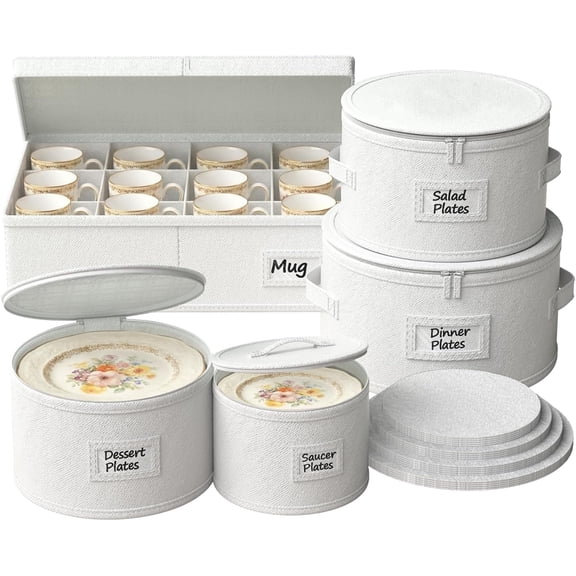 China Storage Containers, Hard Shell Dish Storage Containers with 48 Felt Dividers, 5 Piece Dish Organizers for Dinner Plates, Saucers & Mugs, Perfect for Seasonal Storage & Moving Supplies