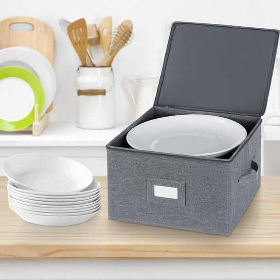 China Storage Containers Inside 12" W x 8" H, Dinnerware Storage Box for Dishes Plate Storage with 24 Felt Dividers, Hold 24 Plates, Hard Shell and Stackableļ¼4PACK