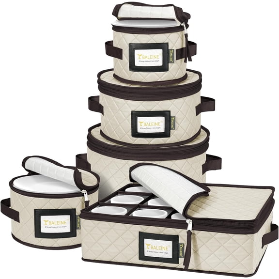 China Storage Containers, Sturdy Quilted Wine Glass Storage, Plate Organizer with Carry Handles, Moving Boxes for Dishes, Cups, Mugs and Stemware (Plate Mug Combo, Soft Shell Cream)